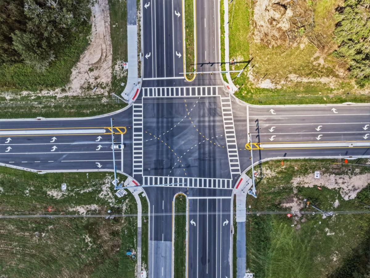Overhead drone shot of a new intersection on the SW 49th Avenue road project in Ocala